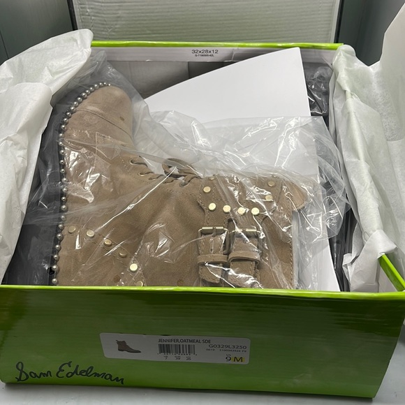 BNIB Sam Edelman Jennifer Studded Combat Suede Boots Tan 9M - Picture 2 of 13
